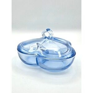 Viking New Martinsville Light Blue Glass Divided Candy Dish Open Crown Finial